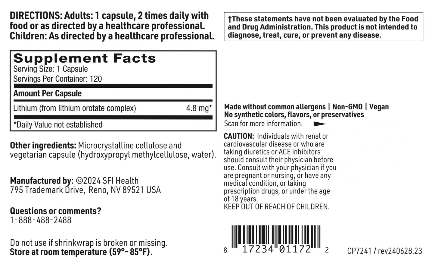 Klaire Labs SFI Health Lithium Orotate 4.8 mg - May Help Balance Mood - Bioavailable Lithium Orotate Supplement - Trace Minerals Promote Focus, Memory