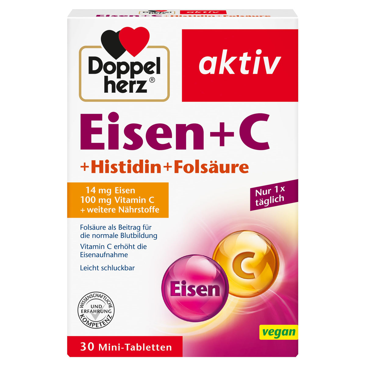 Doppelherz Iron + C + Histidine + Folic Acid | Folic acid as a contribution to normal blood formation - vitamin C increases iron absorption - 30 mini tablets