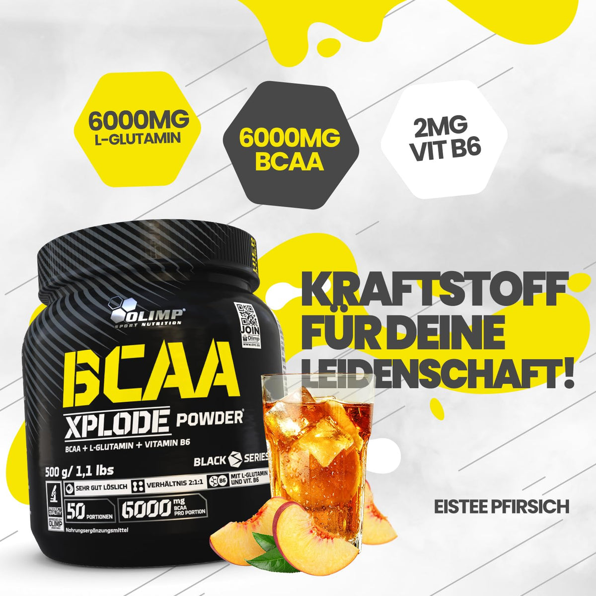Olimp Sport Nutrition BCAA Xplode Powder Dietary supplement in powder form, composed of branched-chain amino acids, L-glutamine and vitamin B6 Flavour: Ice Tea Peach (500 g)