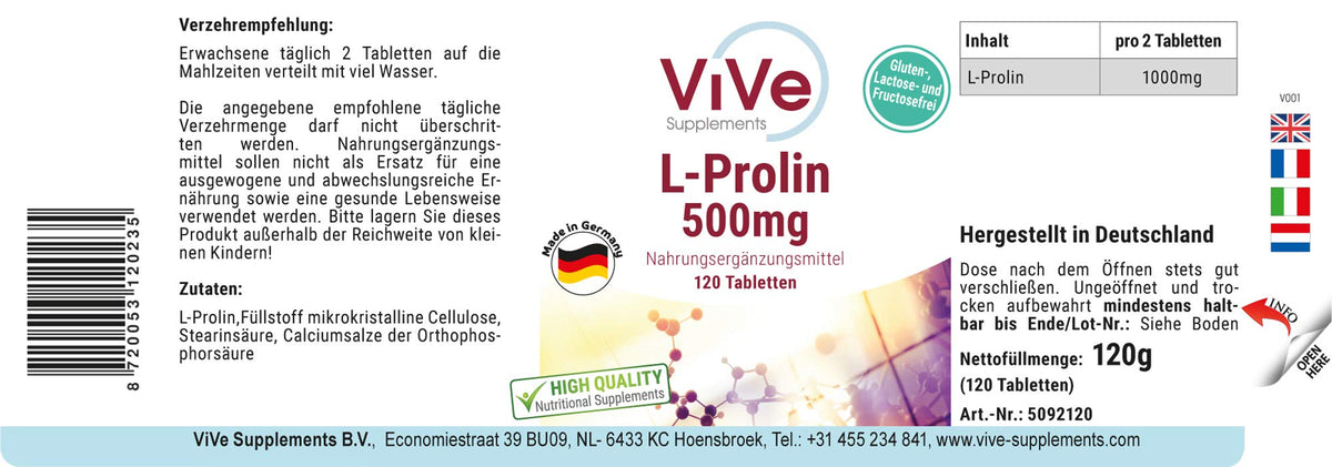 L-Proline 500 mg – 120 Tablets – Amino Acid – High Dose – Vegan Quality from Germany ViVe Supplements