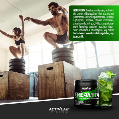 Activlab Creatine Powder - 3 g per serving - Creatine Monohydrate with Taurine, Vitamin B6 and B12-300 g - 30 Servings - Creavita - Mojito
