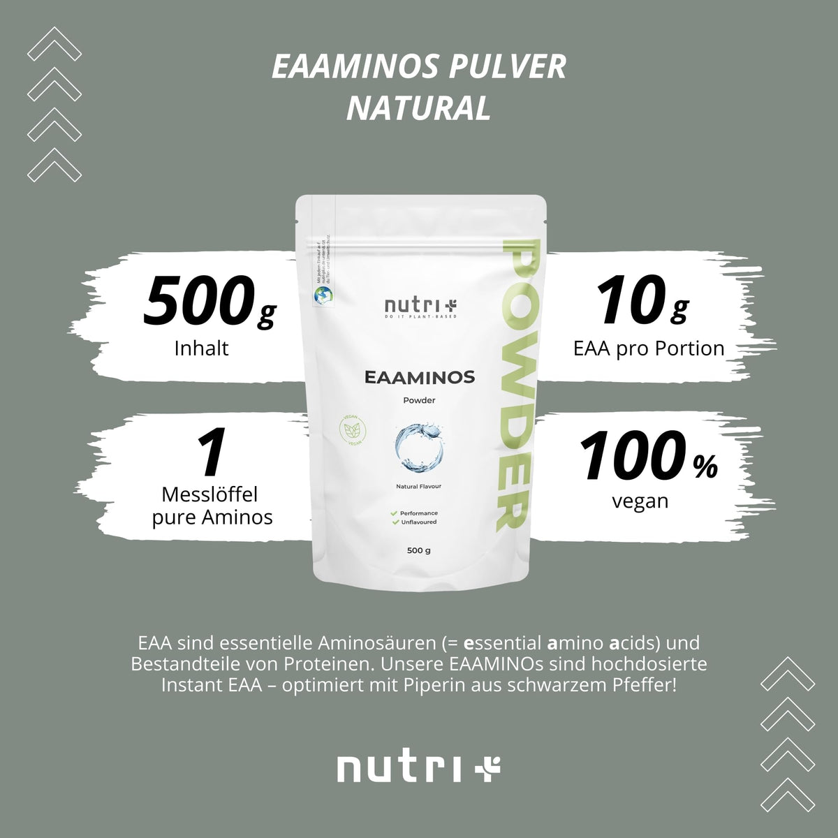 Nutri + EAA Powder Neutral 500 g High Dose + Vegan - 9 Essential Amino Acids - Instant Natural without Sweetener, Additive & Artificial Taste