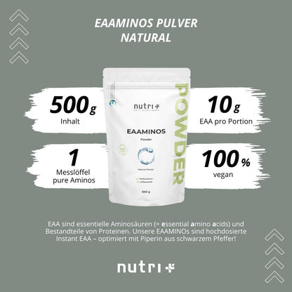 Nutri + EAA Powder Neutral 500 g High Dose + Vegan - 9 Essential Amino Acids - Instant Natural without Sweetener, Additive & Artificial Taste