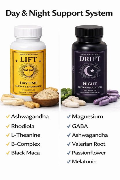Prime Vibe Goods Lift & Drift – Energy & Stress Support Supplement – Adaptogens for Focus, Relaxation & Sleep – Ashwagandha, Magnesium, Rhodiola, GABA, Maca – Vegan (2-Pack, 120 Capsules) Prime Vibe GoodsBuy Supplements Australia