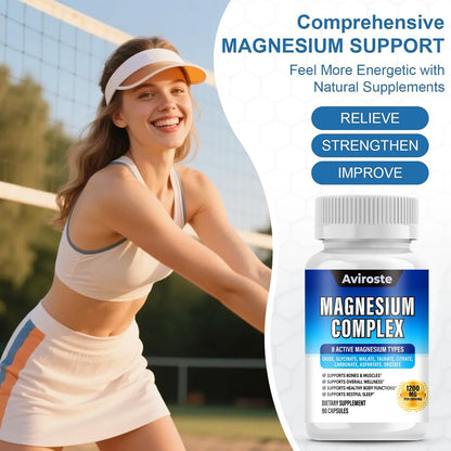 8 in 1 Magnesium Complex Supplement - 8 Elemental 1000mg - Magnesium Glycinate, Citrate, Malate, Taurate - High Absorption,for Muscle, Nerve & Sleep Support - 90 Capsules - Maple Wellness Supplements