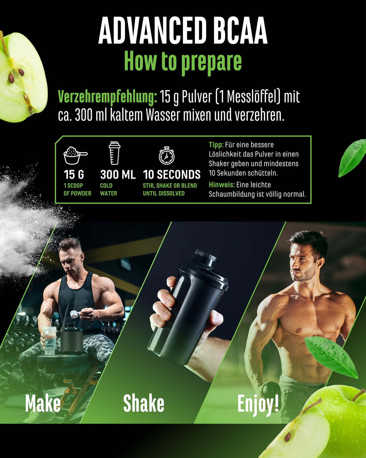 Gen German Elite Nutrition Advanced BCAA Powder 450 g - 2:1:1 BCAA | Taurine & Glutamine, Sweet Apple, 13,500 mg Amino Acids Per Serving, Instant Soluble, Vegan, 30 Servings