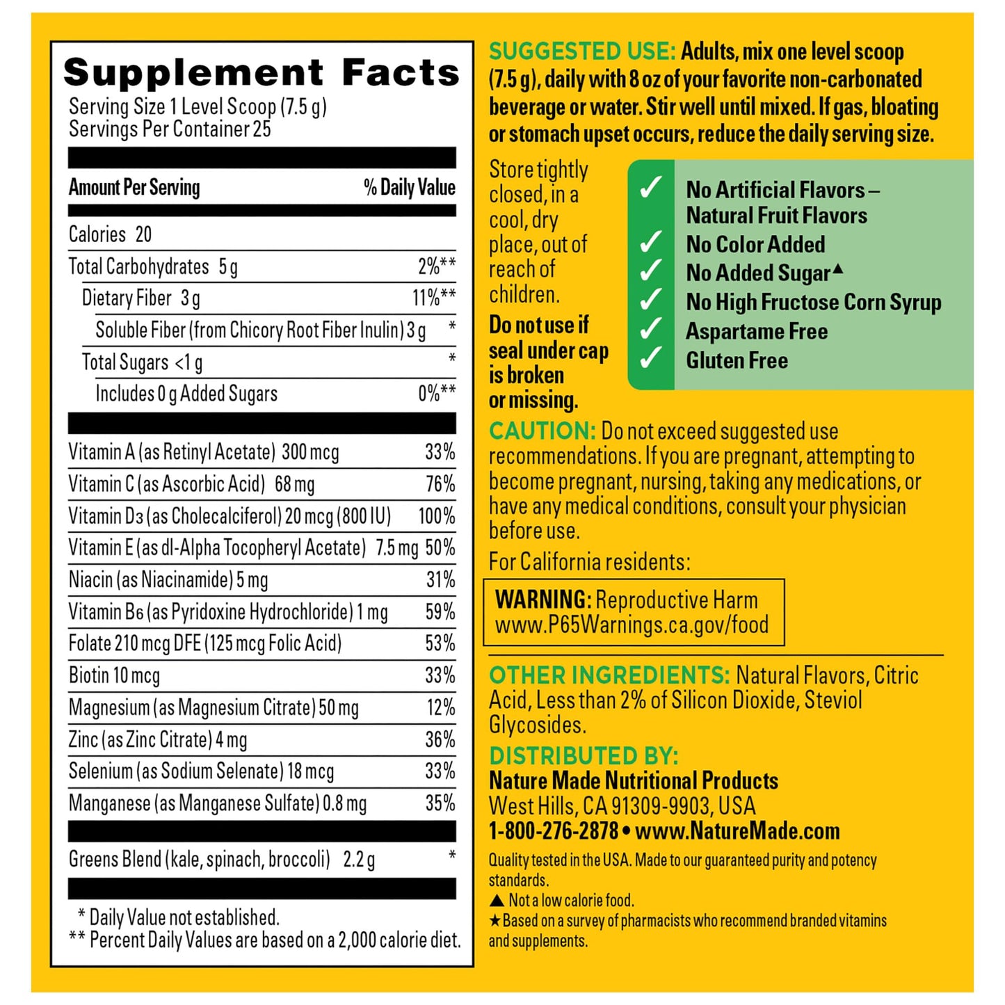 Nature Made Super Greens Powder with Prebiotic Fiber Drink Mix, Made with 1 Cup Veggies Per Serving, Fiber Supplement + Vitamins and Minerals, 25 Day Supply