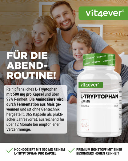 vit4ever L-Tryptophan - 365 Capsules - High Dose with 500 mg per Capsule | 12 months range - From vegetable fermentation - Without unnecessary additives - Vegan - Laboratory tested