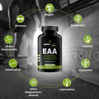 EAA Vegan Capsules - 8 Essential Amino Acids Including BCAA - Pack of 300 | MAP8 Multi Amino Pattern Code - optimally dosed, made from vegetable fermentation and without magnesium stearate
