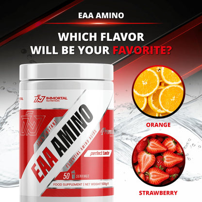 Immortal Nutrition EAA Amino Powder 500 g - Essential Amino Acids Complex with 9 EAAs Including BCAAs - 10 g per Serving - 50 Servings - Instant Drink - Strawberry Flavour