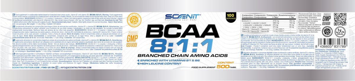 BCAA Ultra Tablets - 500 Tablets with High Dose - With Vitamin B1 and B6 - Leucine, L-Isoleucine, L-Valine - Branched Chain Essential Amino Acids (500 Tablets)