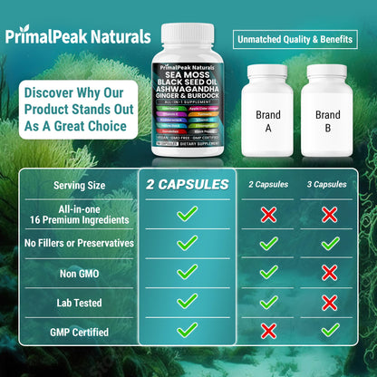 PrimalPeak Naturals Sea Moss Black Seed Oil Ashwagandha Ginger Burdock Bladderwrack Turmeric & Vitamin C Vitamin D3 with ACV Elderberry Chlorophyll Dandelion Yellow Dock Vegan Capsules - 60 Count PrimalPeak NaturalsBuy Supplements Australia