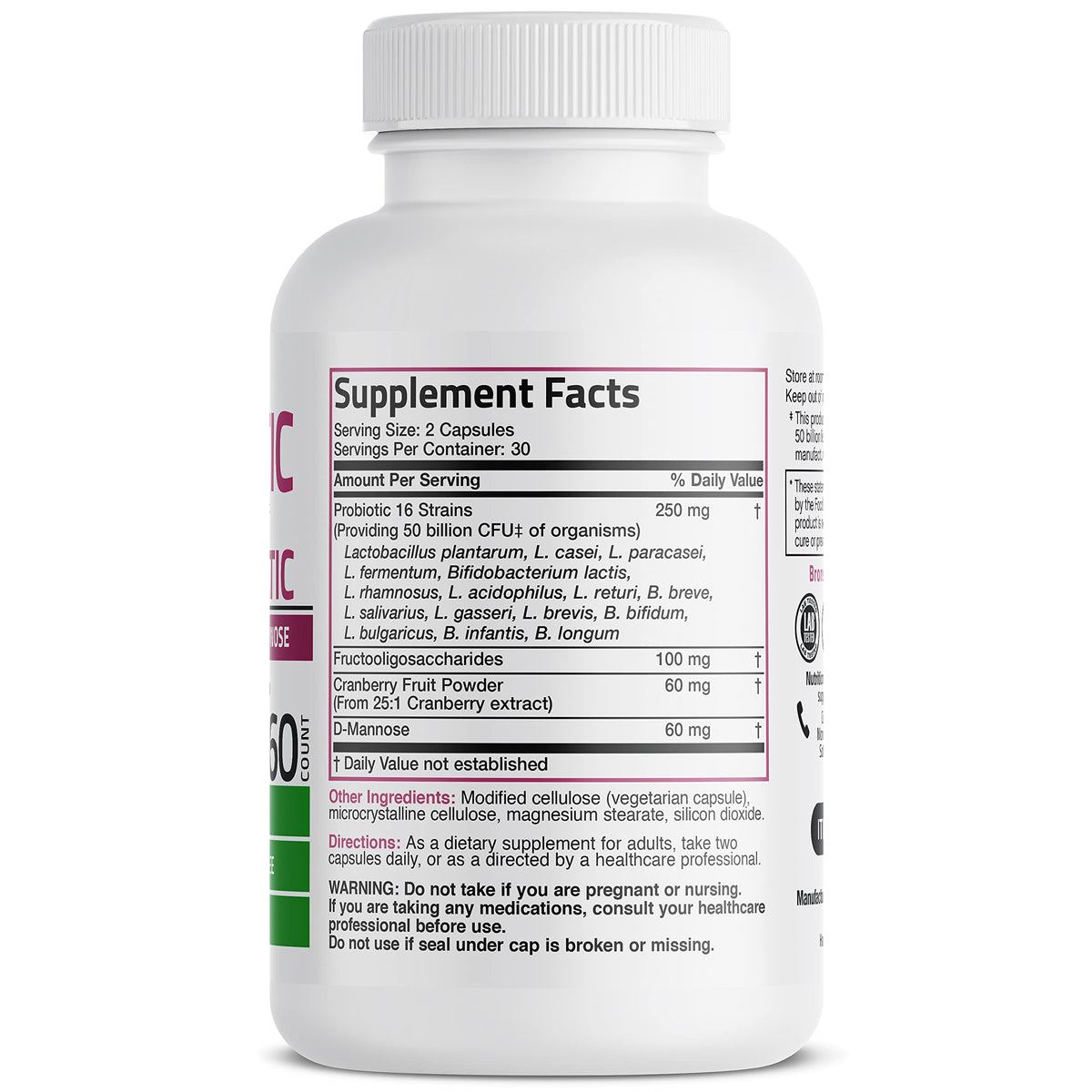 Bronson Women's Probiotic 50 Billion CFU + Prebiotic with Cranberry & D-Mannose – Vaginal Health, Healthy Digestion, Immune Function and Urinary Tract Support, Non-GMO, 60 Vegetarian Capsules