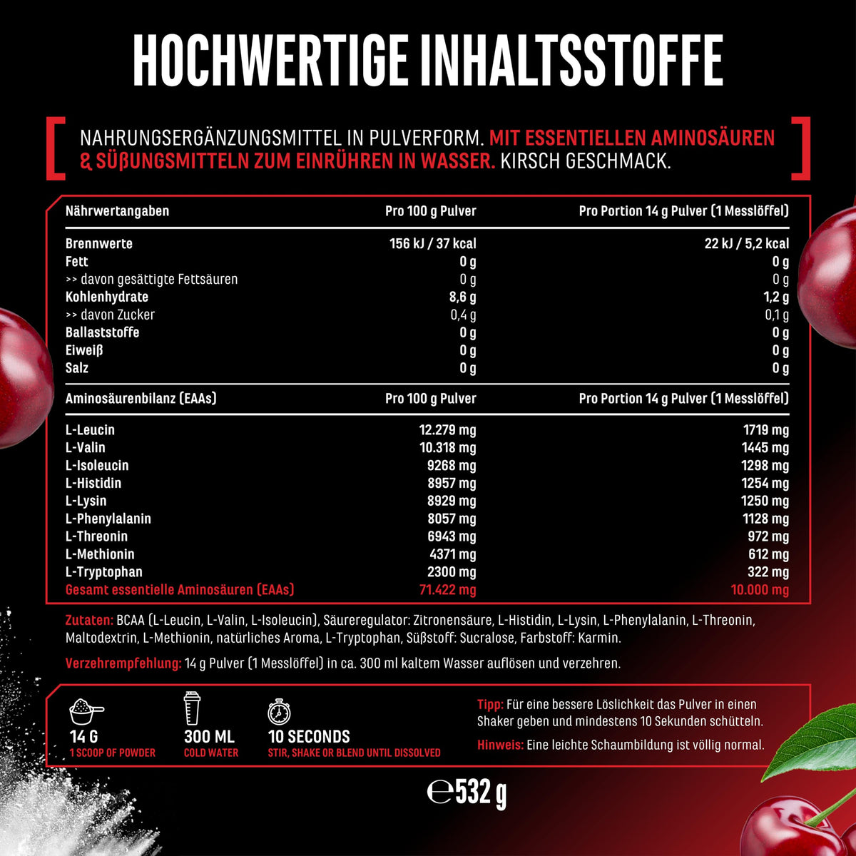 Gen German Elite Nutrition EAA Powder - 532 g - 9 Essential Amino Acids | Cherry - Human Code Formula - Includes Histidine & BCAA - 10 g EAA per Serving - Laboratory Tested