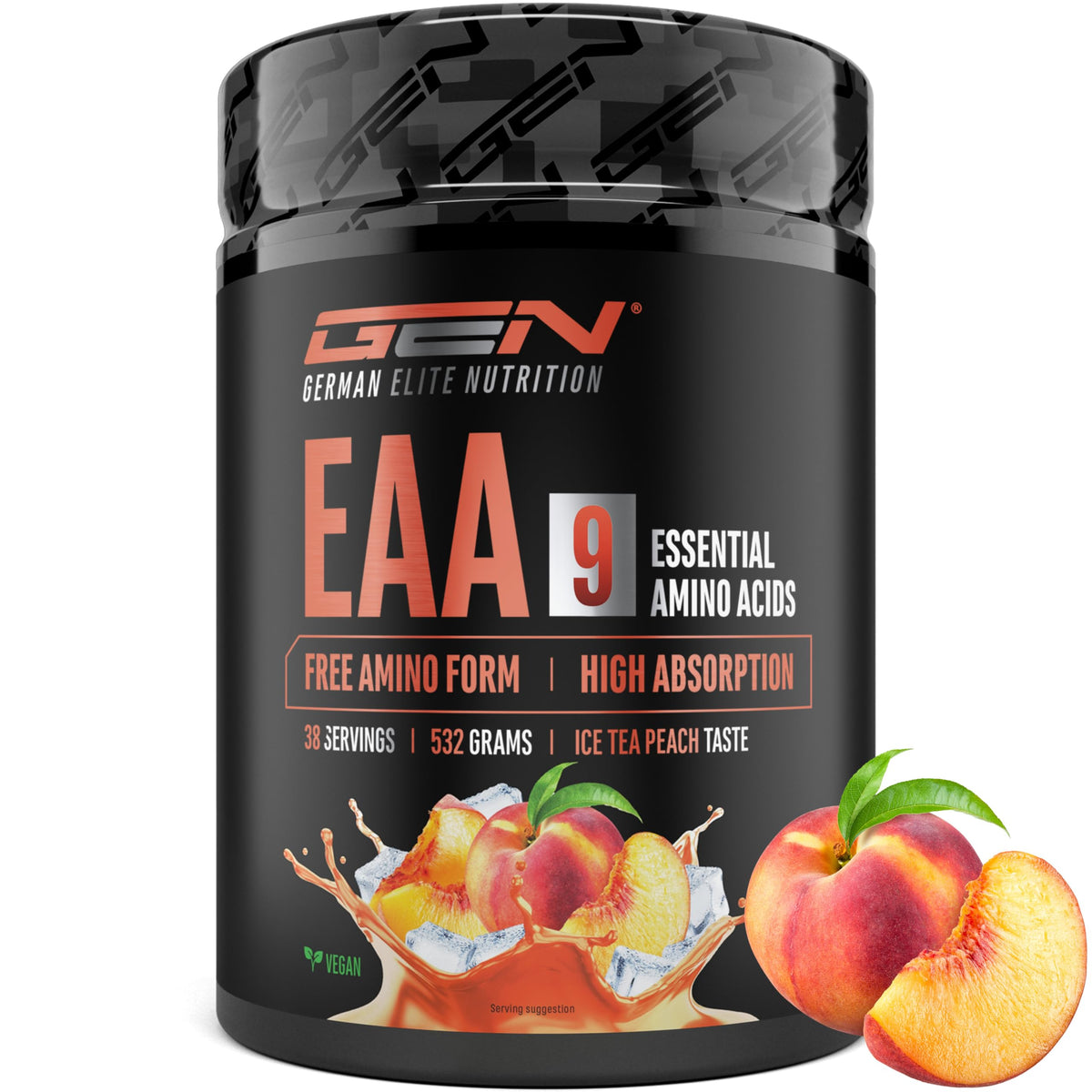Buy ​Gen German Elite Nutrition EAA Powder - 532 g - 9 Essential Amino Acids | Ice Tea Peach, Human Code Formula, Includes Histidine & BCAA, 10 g EAA Per Serving, Laboratory Tested, Vegan - OmniHealthRx Usa supplements