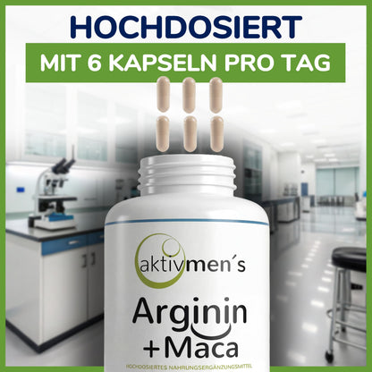 Aktivmen Arginine + Maca High Dose – for Highly Active Men – Tested by Experts – 100% Vegan 180 Capsules, L-Arginine Base 3600 + Maca 6000 (Maca Root Extract 20:1) 1 Tin (1 x 140 g)