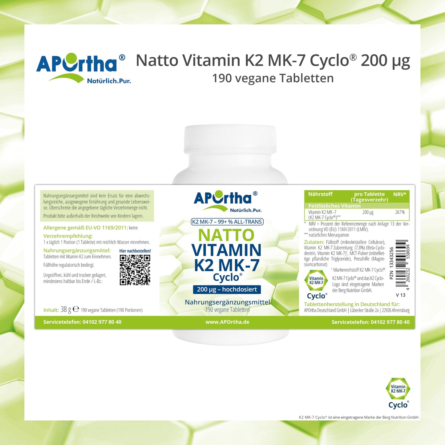 Aportha Natto Vitamin K2 – Menaq Uinon Mk7 200 mcg Hochdosiert – 190 Vegan Tablets – 95 +% All Trans Menaq Uinon 7 | High dose, vegan, high-quality Natto K2 vitamin easy to swallow, dietary supplement Vit K2, vitamin K 2