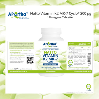Aportha Natto Vitamin K2 – Menaq Uinon Mk7 200 mcg Hochdosiert – 190 Vegan Tablets – 95 +% All Trans Menaq Uinon 7 | High dose, vegan, high-quality Natto K2 vitamin easy to swallow, dietary supplement Vit K2, vitamin K 2