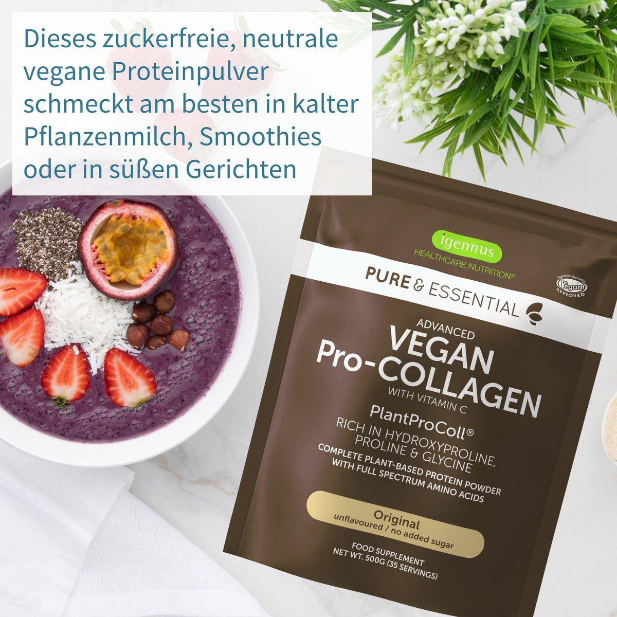 Igennus Collagen Powder Vegan with Vitamin C, Vegetable Peptide Collagen with 21 Amino Acids and 80% Protein Protein, No Additives, 500 g