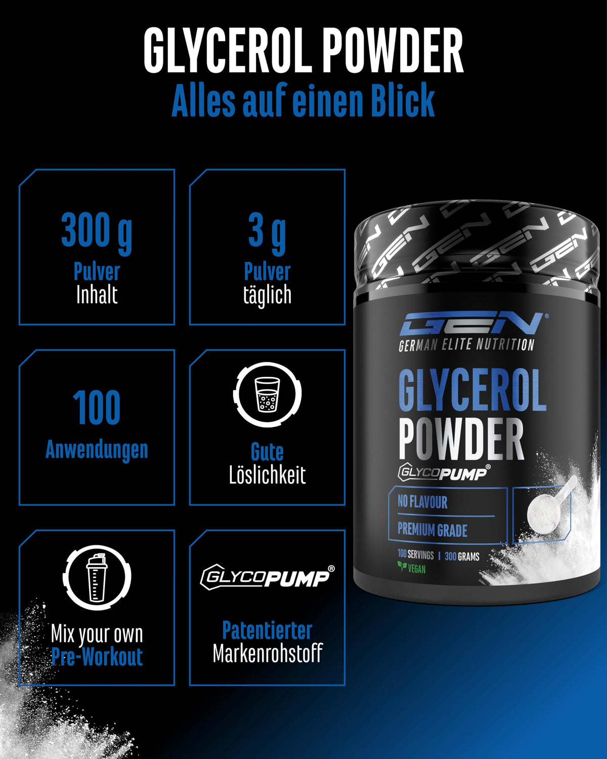 Gen German Elite Nutrition GlycoPump - 300 g Powder | Pure glycerol powder with 65% glycerine highly concentrated - without unnecessary additives - laboratory tested - vegan