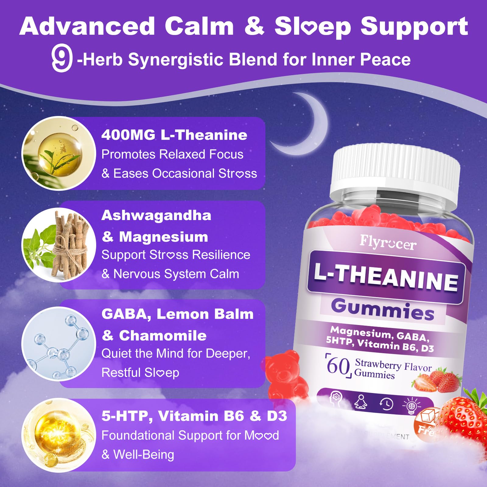 Flyrocer 2 Pack L-Theanine Gummies, L Theanine Supplement for Adults & Kids, L'Theanine with Ashwagandha, Magnesium, 5HTP & GABA - Support Calm, Relax, zzZ, Focus, Vegan Strawberry Flavor, 120 Count FlyrocerBuy Supplements Australia