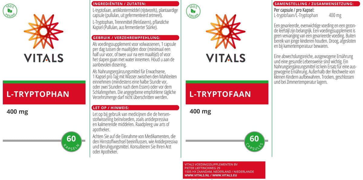 Vitals - L-Tryptophan 400mg 60 Capsules Essential Amino Acid in a Vegetable Capsule