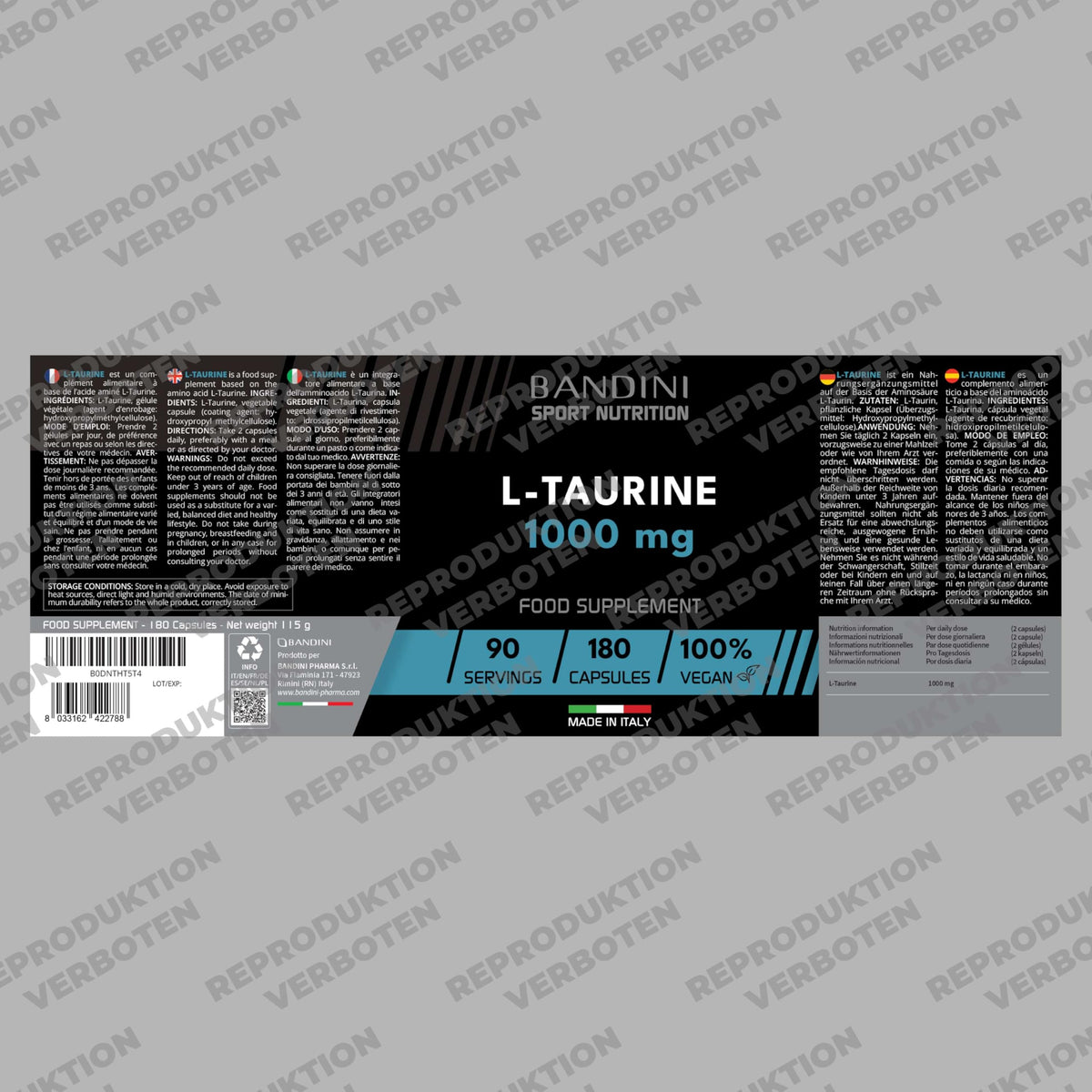 Bandini® L Taurine Amino Acid 1,000 mg per day, 180 Vegan Capsules | für Sport & Fitness, L-Taurin Pre & Post Workout Booster, ohne Koffein, Mikronährstoffe, Taurine Amino Acid, Für 3 Monate