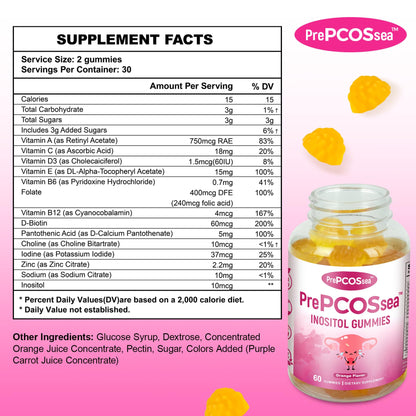 Feelherbs PrePCOSsea Inositol Gummies Vitamins, 2 Pack Orange Flavor Myo-Inositol Vitamin Gummies with Folate, B6, B12 & D-Biotin, 60 Count Soft Chews FeelherbsBuy Supplements Australia