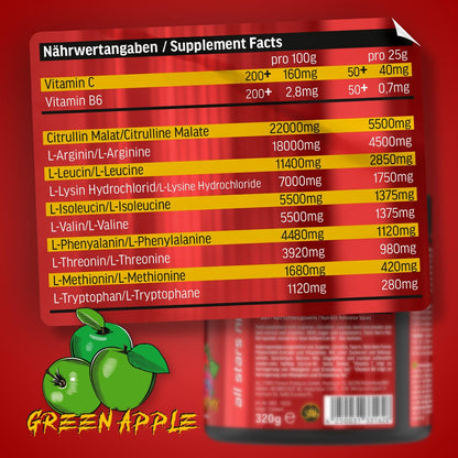 All Stars Intra-X Markus Schmid Edition Intraworkout 400 g Green Apple | Workout booster with 10,000 mg citrulline arginine, 4550 mg EAAs and 5600 mg BCAAs, dietary supplement for training