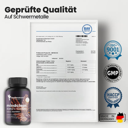 Supplenatura® Acetyl L Carnitine Capsules, Alcar, Neuroline | Laboratory tested quality, German manufacturing, clean label formula, long-term stock