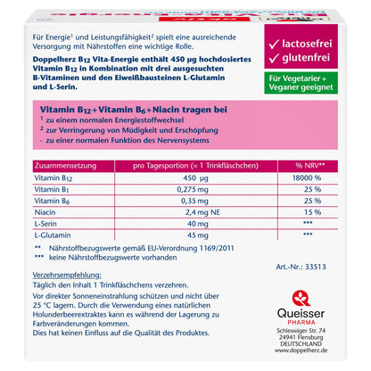 Doppelherz B12 Vita-Energie Raspberry Flavour | High dose with 450 μg vitamin B12 per drinking bottle - additionally with 3 other B vitamins - 30 drinking bottles