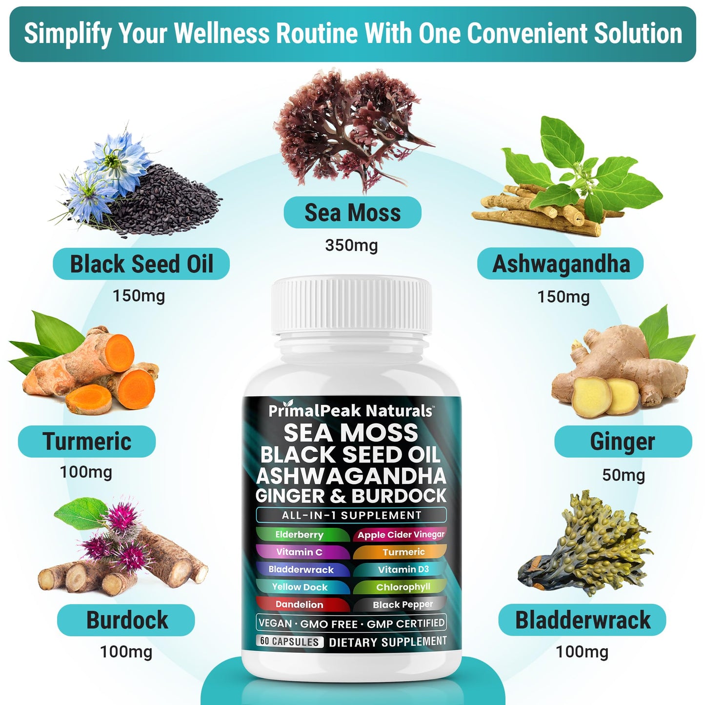 PrimalPeak Naturals Sea Moss Black Seed Oil Ashwagandha Ginger Burdock Bladderwrack Turmeric & Vitamin C Vitamin D3 with ACV Elderberry Chlorophyll Dandelion Yellow Dock Vegan Capsules - 60 Count PrimalPeak NaturalsBuy Supplements Australia