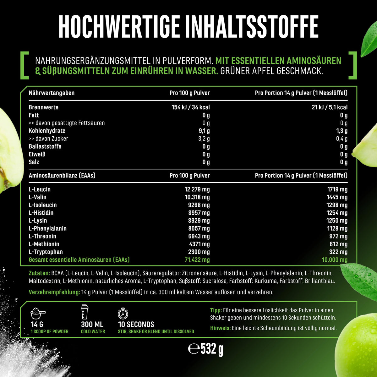 Buy ​Gen German Elite Nutrition EAA Powder - 532 g - 9 Essential Amino Acids | Green Apple, Human Code Formula, incl. Histidine & BCAA, 10 g EAA per serving, laboratory tested, vegan - OmniHealthRx Usa supplements