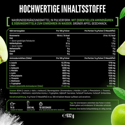 Buy ​Gen German Elite Nutrition EAA Powder - 532 g - 9 Essential Amino Acids | Green Apple, Human Code Formula, incl. Histidine & BCAA, 10 g EAA per serving, laboratory tested, vegan - OmniHealthRx Usa supplements