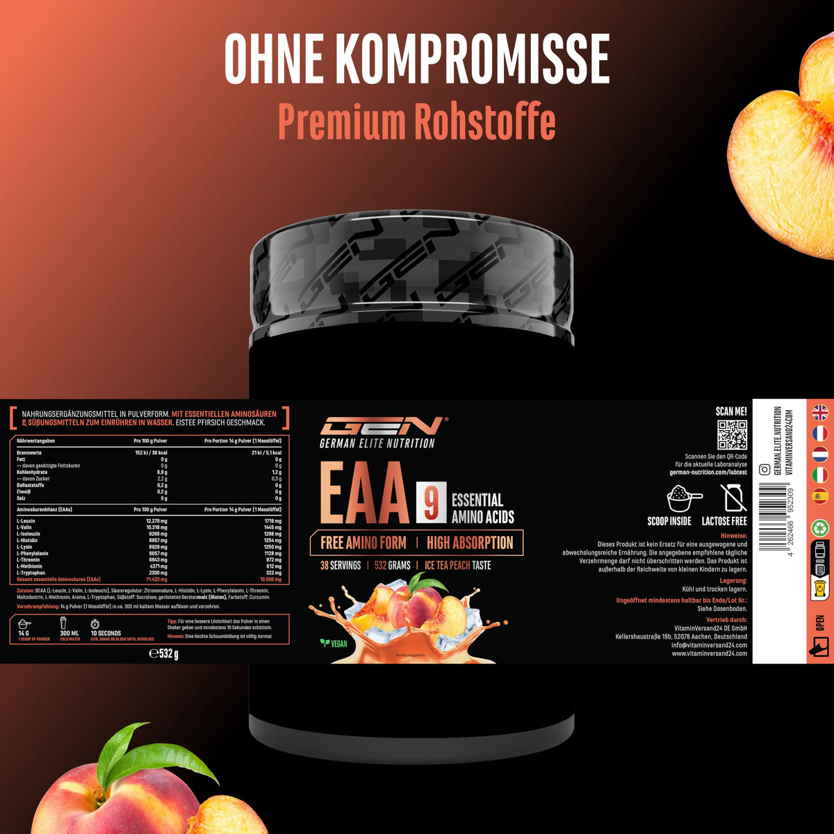 Buy ​Gen German Elite Nutrition EAA Powder - 532 g - 9 Essential Amino Acids | Ice Tea Peach, Human Code Formula, Includes Histidine & BCAA, 10 g EAA Per Serving, Laboratory Tested, Vegan - OmniHealthRx Usa supplements