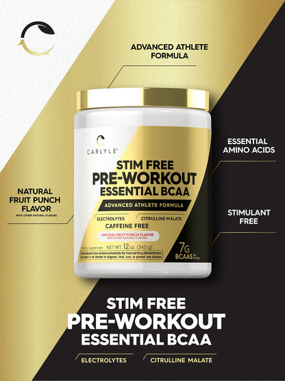 Carlyle Stim Free Pre Workout Powder | BCAA Amino Acids | 7g BCAA | Fruit Punch Flavor | Non-GMO and Gluten Free Supplement