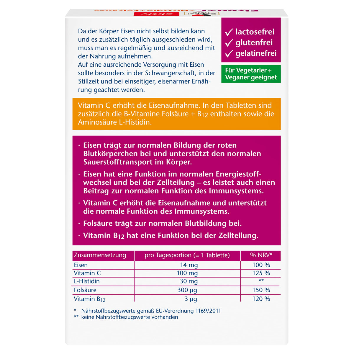 Doppelherz Iron + C + Histidine + Folic Acid | Folic acid as a contribution to normal blood formation - vitamin C increases iron absorption - 30 mini tablets