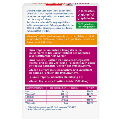 Doppelherz Iron + C + Histidine + Folic Acid | Folic acid as a contribution to normal blood formation - vitamin C increases iron absorption - 30 mini tablets