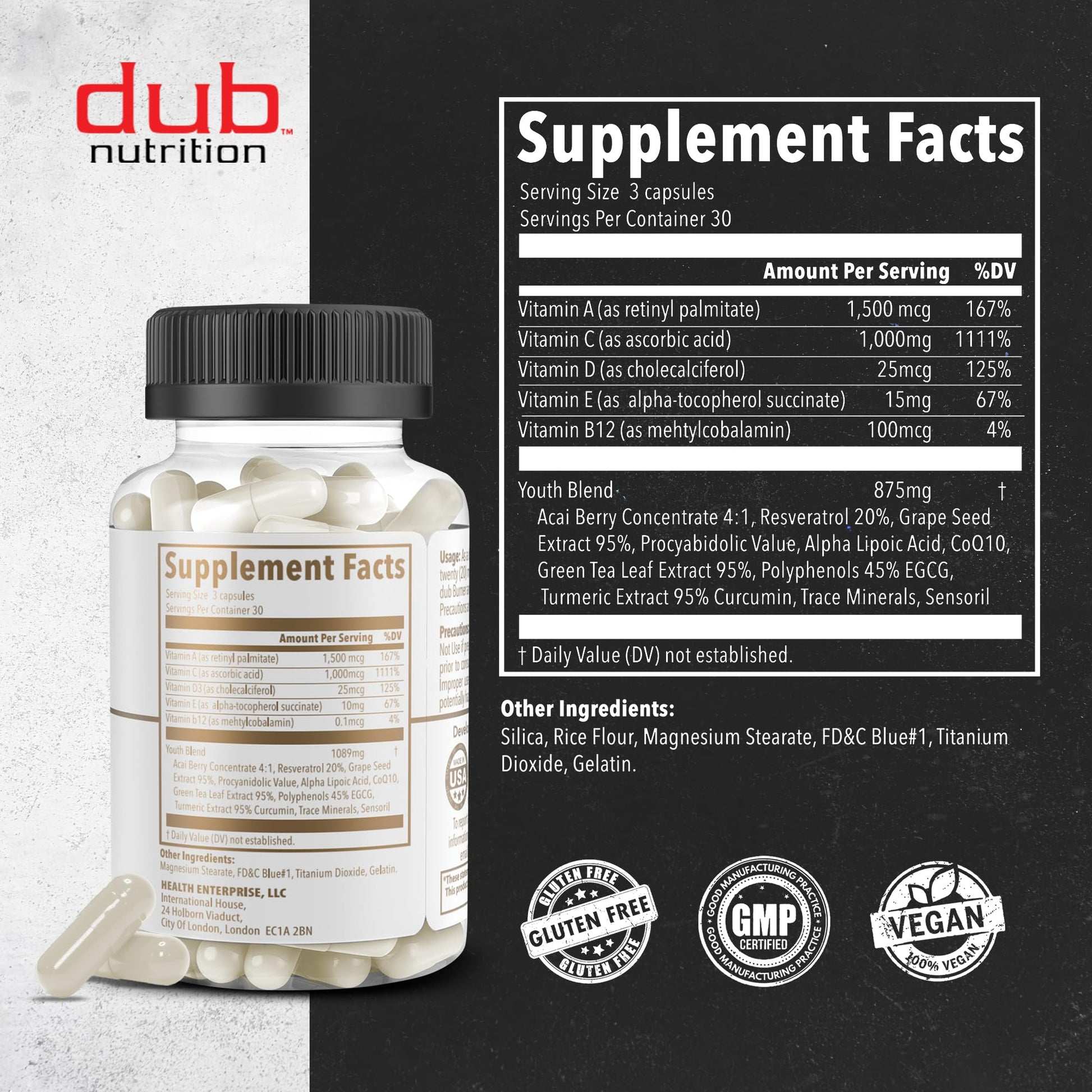 Dub Nutrition Youth - Formula with Acai, Resveratrol, Curcumin, Vitamins A, C, D, E, B12, and CoQ10 - Supports Immunity and Mobility - 90 Capsules Dub NutritionBuy Supplements Australia
