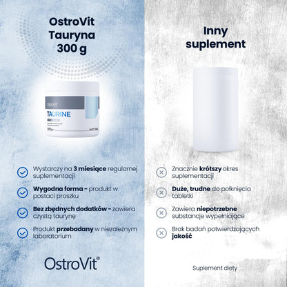 OstroVit Taurine 300 g | 3000 mg Taurine Per Serving | 100 Servings | Pure Taurine Powder | No Additives | Dietary Supplement for Athletes