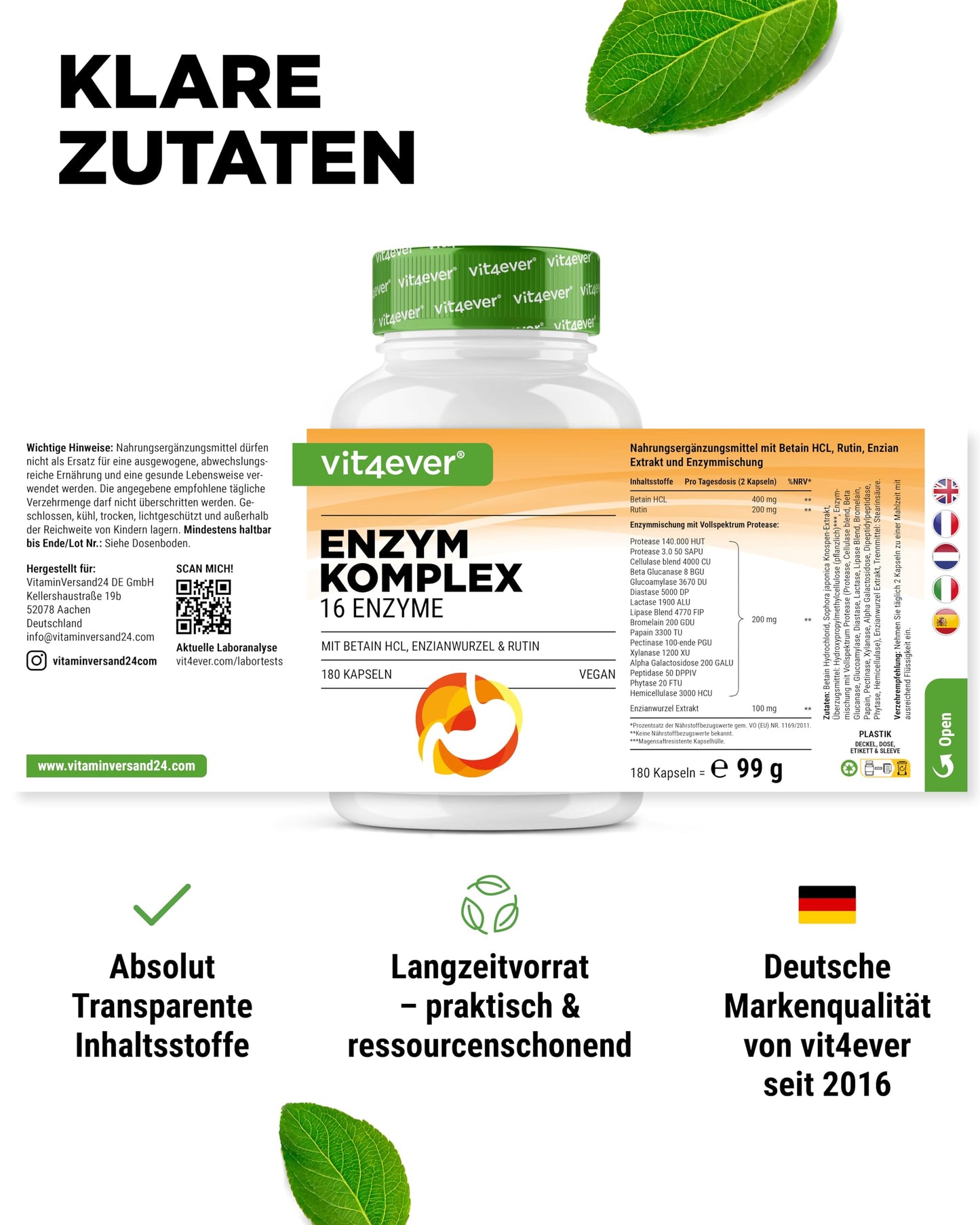 vit4ever Digestive Enzymes - 180 Enteric Juice-Resistant Capsules | Mit Betain HCL, Rutin, Enzianwurzel + 16 Enzyme: Bromelain, Papain, Amylase, Lipase, Protease, Laktase, Vegan & Laborgepruft