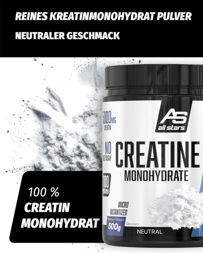 All Stars Creatine Monohydrate Powder High Dose 500 g Vegan | 100% creatine monohydrate 5000 mg per daily ration, without added sugar and artificial additives, lactose and gluten free