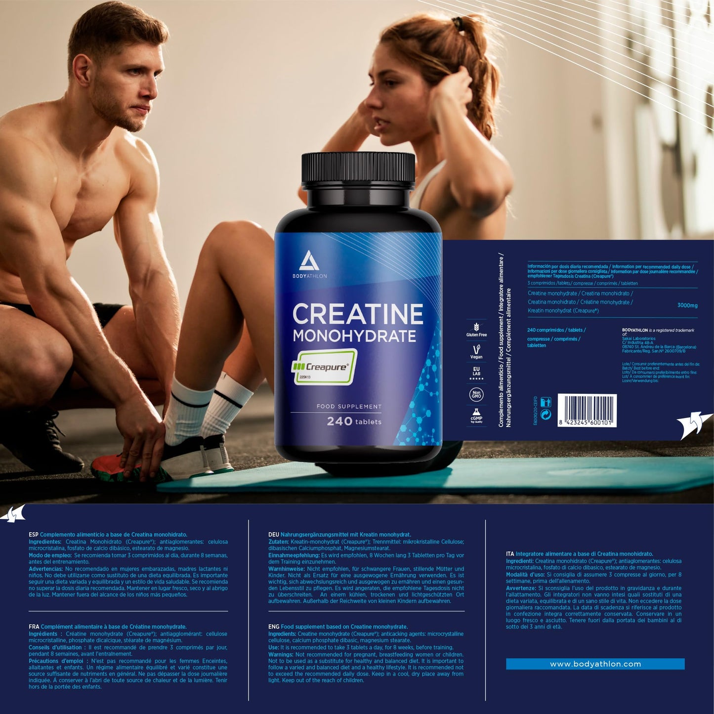 Creatine Creapure 240 Tablets | Creatine Monohydrate Pure Creapure Creatine 3000 mg | Gluten Free, Vegan, Tasteless | 240 Creatine Capsules Monohydrate Creapure | Bodyathlon