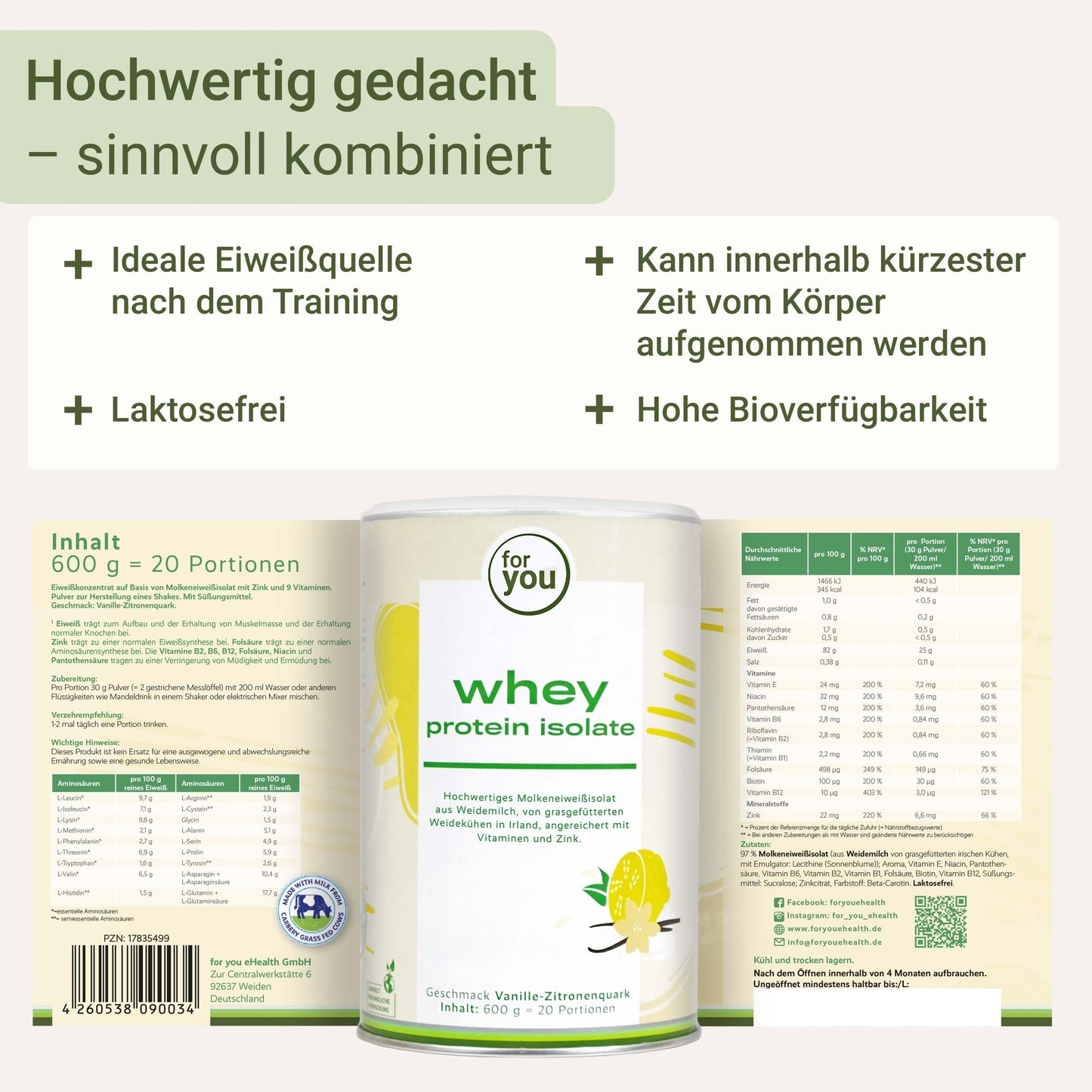 for you Whey Protein Isolate Vanilla Lemon Curd 600 g - 97% Protein, Whey Protein from Pasture Milk - Lactose Free, Soy Free - Creamy Protein Shake - Contains All Essential Amino Acids