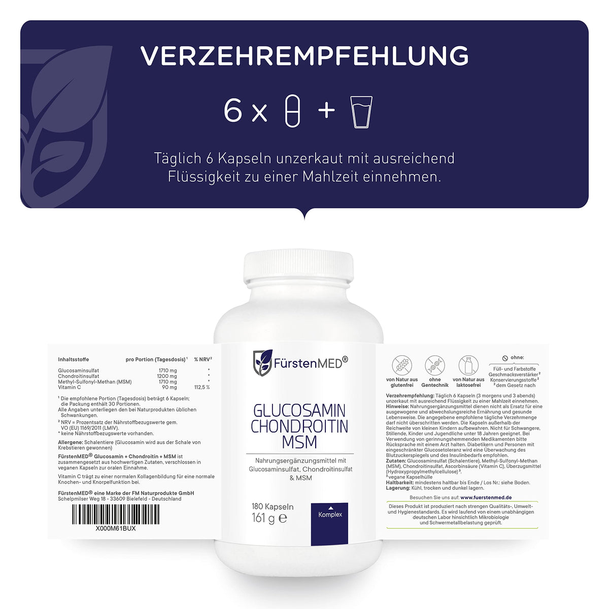 FürstenMED® Glucosamine + Chondroitin + MSM Capsules – High Dose Complex without Additives, from Germany