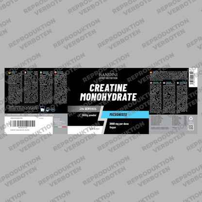 Bandini® Creatine Monohydrate Powder, 1 kg/1000 g, 294 Servings of 3000 mg | Ultra pure micronised creatine 3 g, microfine, soluble, tasteless, mesh factor 200, 100% vegan creatine monohydrate