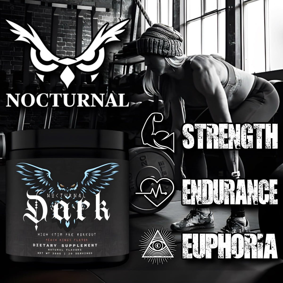 Nocturnal Labz Dark High Stim Pre Workout Powder | Potent Pre-workout Formula for Men & Women, Maximize Energy, Focus, Endurance, Citrulline Malate, Caffeine, Beta-Alanine, (20 Servings) (Peach Rings)