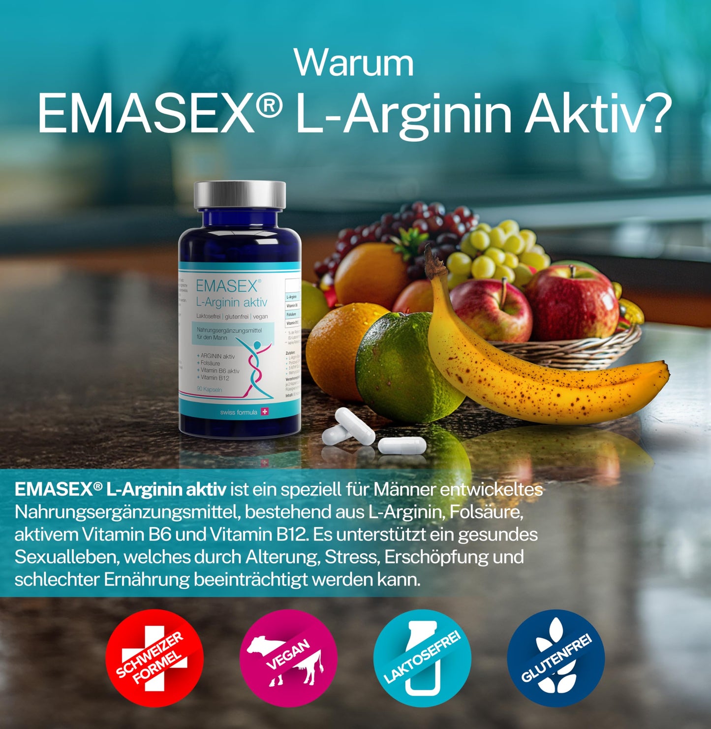EMASEX L-Arginine Bioactive 2680 mg - High Dose with B6, B12 & Folic Acid - Swiss Formula for Men - Vegan, Blood Circulation & Vitality - 90 Capsules