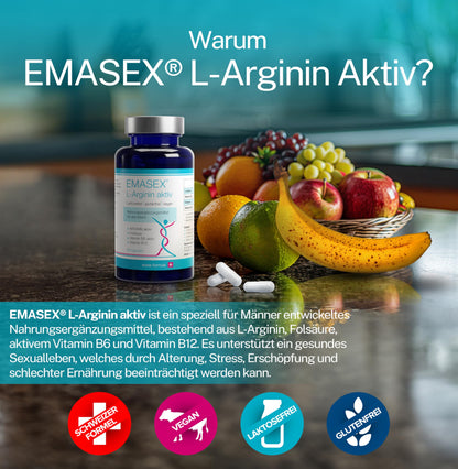EMASEX L-Arginine Bioactive 2680 mg - High Dose with B6, B12 & Folic Acid - Swiss Formula for Men - Vegan, Blood Circulation & Vitality - 90 Capsules