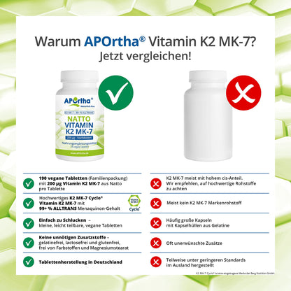 Aportha Natto Vitamin K2 – Menaq Uinon Mk7 200 mcg Hochdosiert – 190 Vegan Tablets – 95 +% All Trans Menaq Uinon 7 | High dose, vegan, high-quality Natto K2 vitamin easy to swallow, dietary supplement Vit K2, vitamin K 2